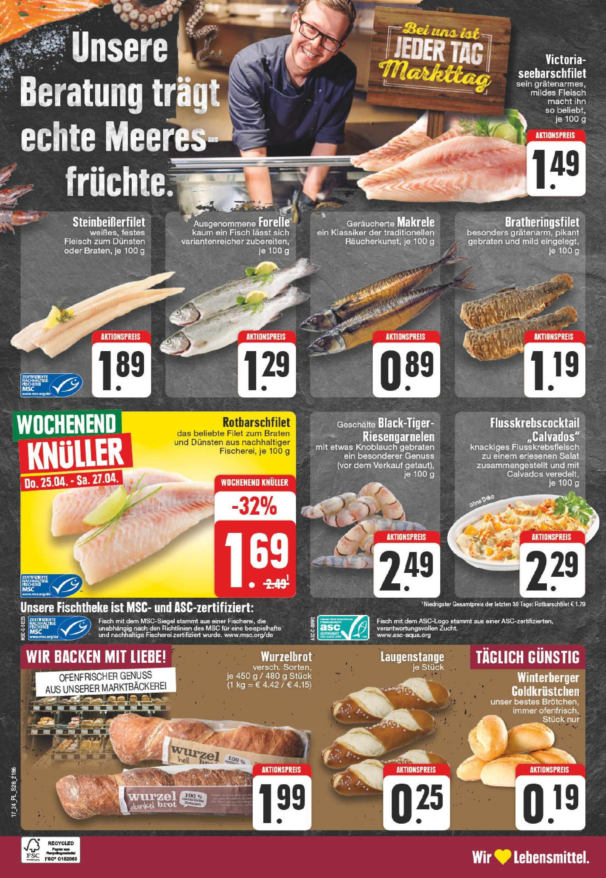 E center Prospekt 	 (ab 22.04.2024) zum Blättern | Seite: 28 | Produkte: Fisch, Knoblauch, Brot, Salat