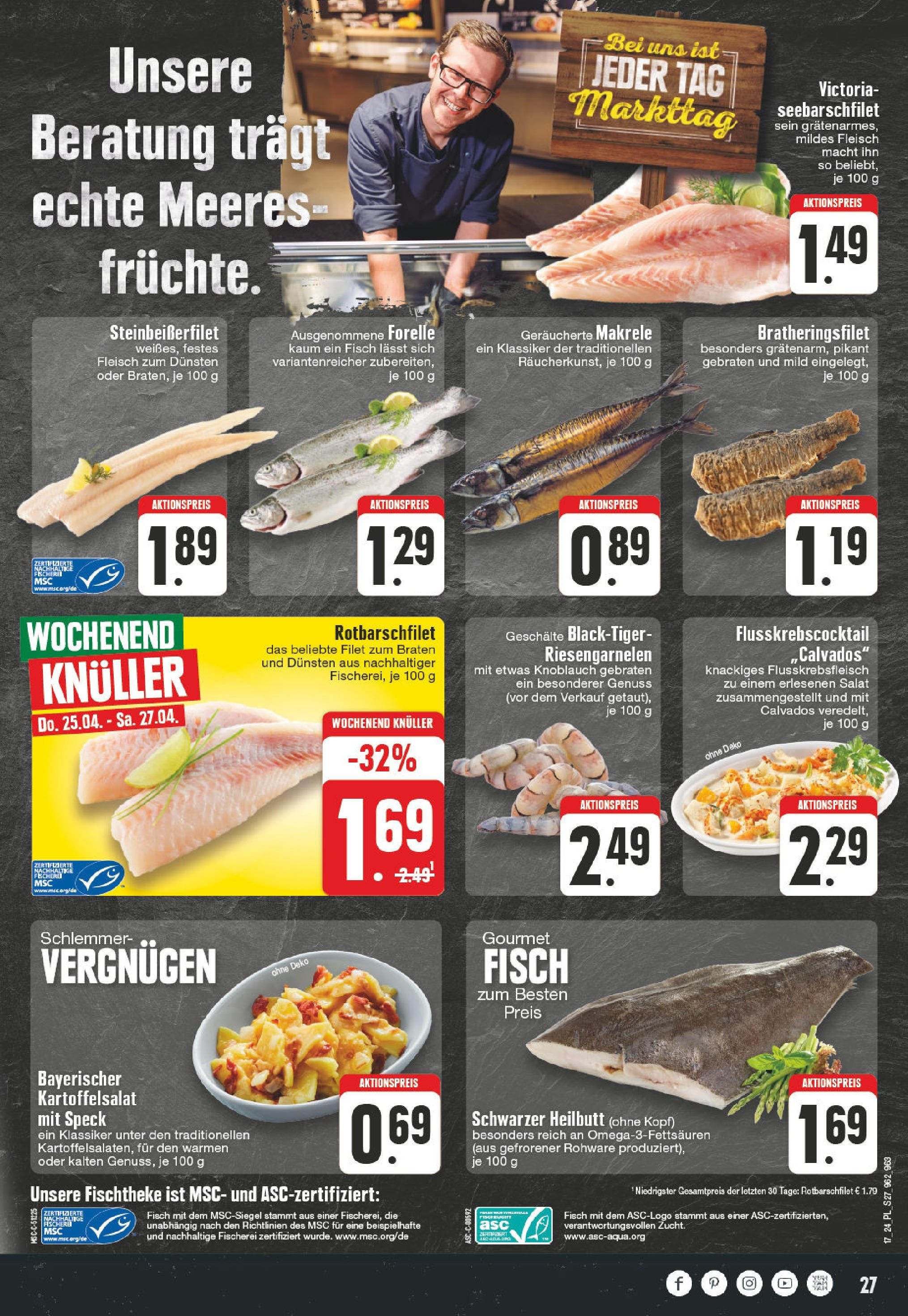 E center Prospekt 	 (ab 22.04.2024) zum Blättern | Seite: 27 | Produkte: Fisch, Knoblauch, Salat