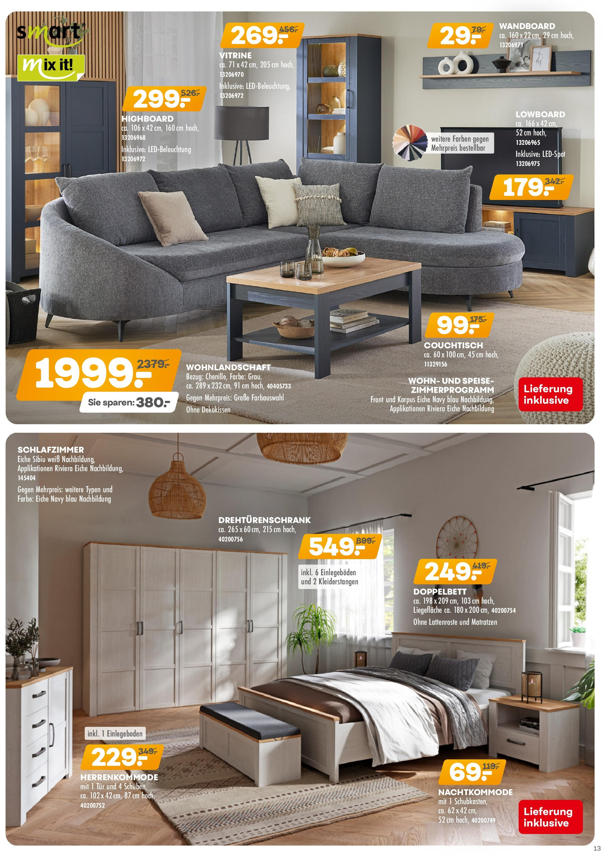 Möbel Kraft Prospekt 	 (ab 08.05.2024) zum Blättern | Seite: 13 | Produkte: Wohnlandschaft, HIghboard, Drehtürenschrank, Doppelbett