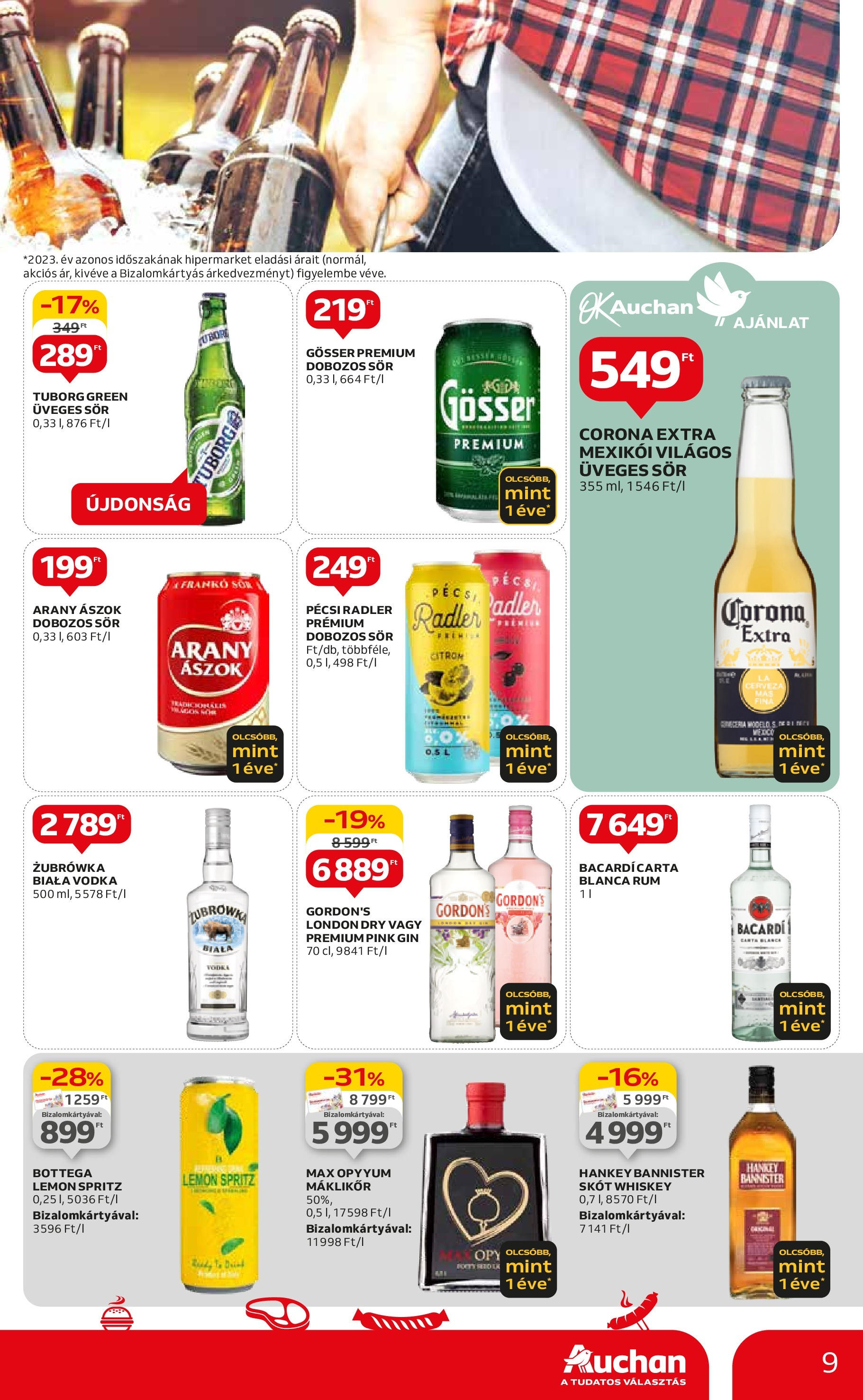 Auchan  Akciós újság - 2024.04.25. -tól/töl > akció, szórólap 🛍️ | Oldal: 9 | Termékek: Whiskey, Arany ászok, Gösser, Vodka