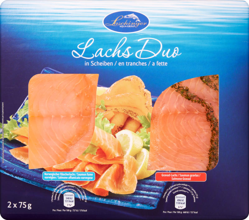 Laschinger Lachs Duo, norwegischer Räucherlachs und Gravad Lachs, in Scheiben, 2 x 75 g