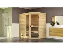 Massivholzsauna Weka Valida 1 inkl. 7,5 kW Bio Ofen mit Fenster und Ganzglastüre aus Klarglas