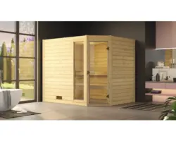 Massivholzsauna Weka Valida Eck 3 inkl. 7,5 kW Ofen mit Fenster und Ganzglastüre aus Klarglas