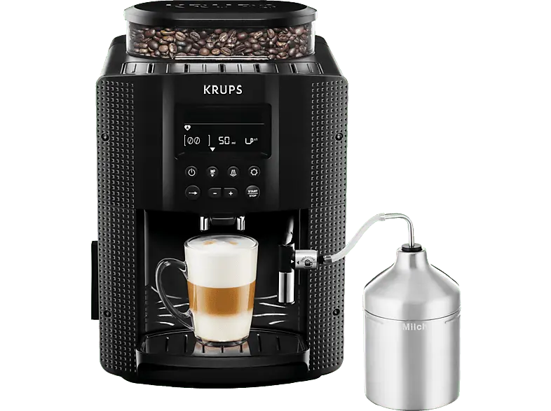 Krups Espresso-Kaffee-Vollautomat Schwarz EA 8160 Kaffeevollautomat (Schwarz, Integriertes, verstellbares Metall-Kegelmahlwerk, 15 bar)