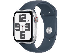 Apple Watch SE 2023 GPS + Cellular 44mm Aluminiumgehäiuse, Sportarmband S/M, Silber/Sturmblau; Smartwatch