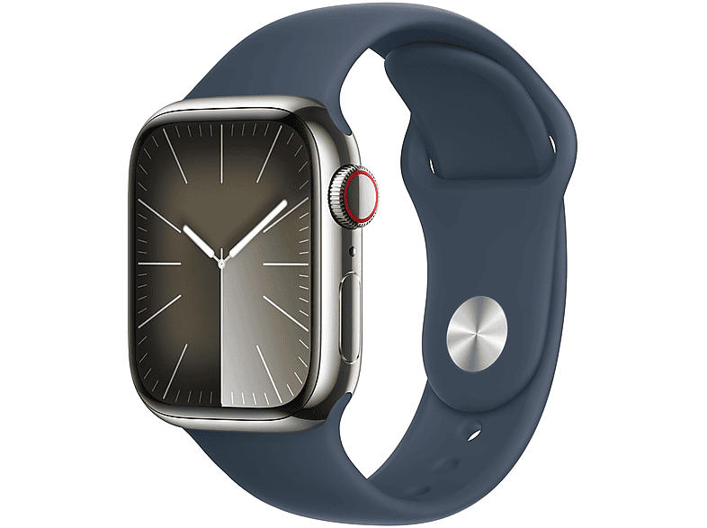 Apple Watch Series 9 GPS + Cellular 41mm Edelstahlgehäuse, Sportarmband M/L, Silber/Sturmblau; Smartwatch