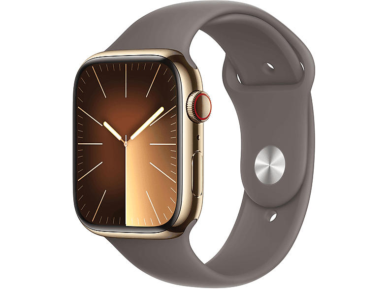 Apple Watch Series 9 GPS + Cellular 45mm Edelstahlgehäuse, Sportarmband M/L, Gold/Tonbraun; Smartwatch