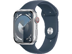 Apple Watch Series 9 GPS + Cellular 45mm Edelstahlgehäuse, Sportarmband S/M, Silber/Sturmblau; Smartwatch