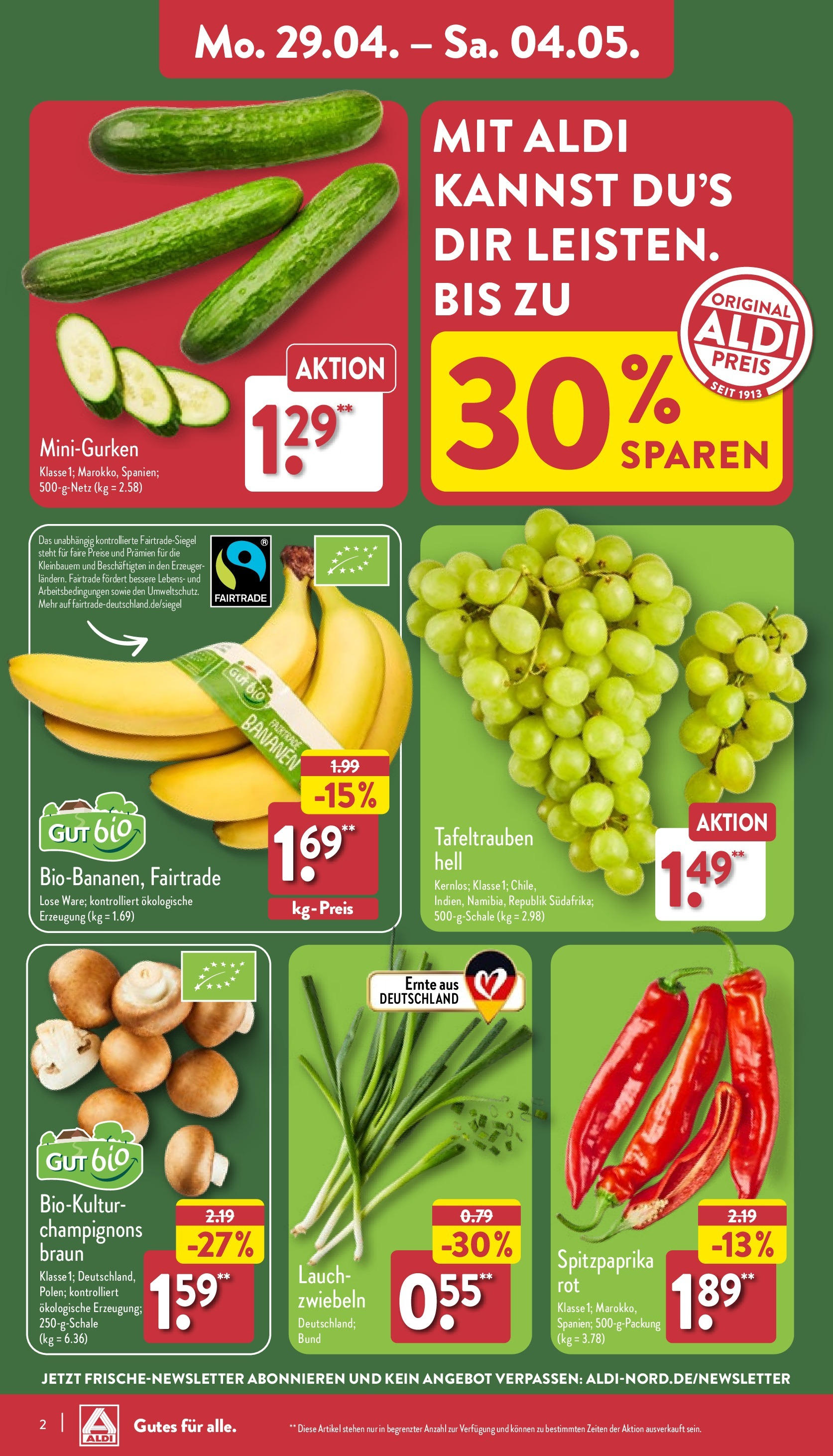 Aldi Prospekt 	 (ab 29.04.2024) » Angebote Online | Seite: 2 | Produkte: Bananen, Champignons, Zwiebeln