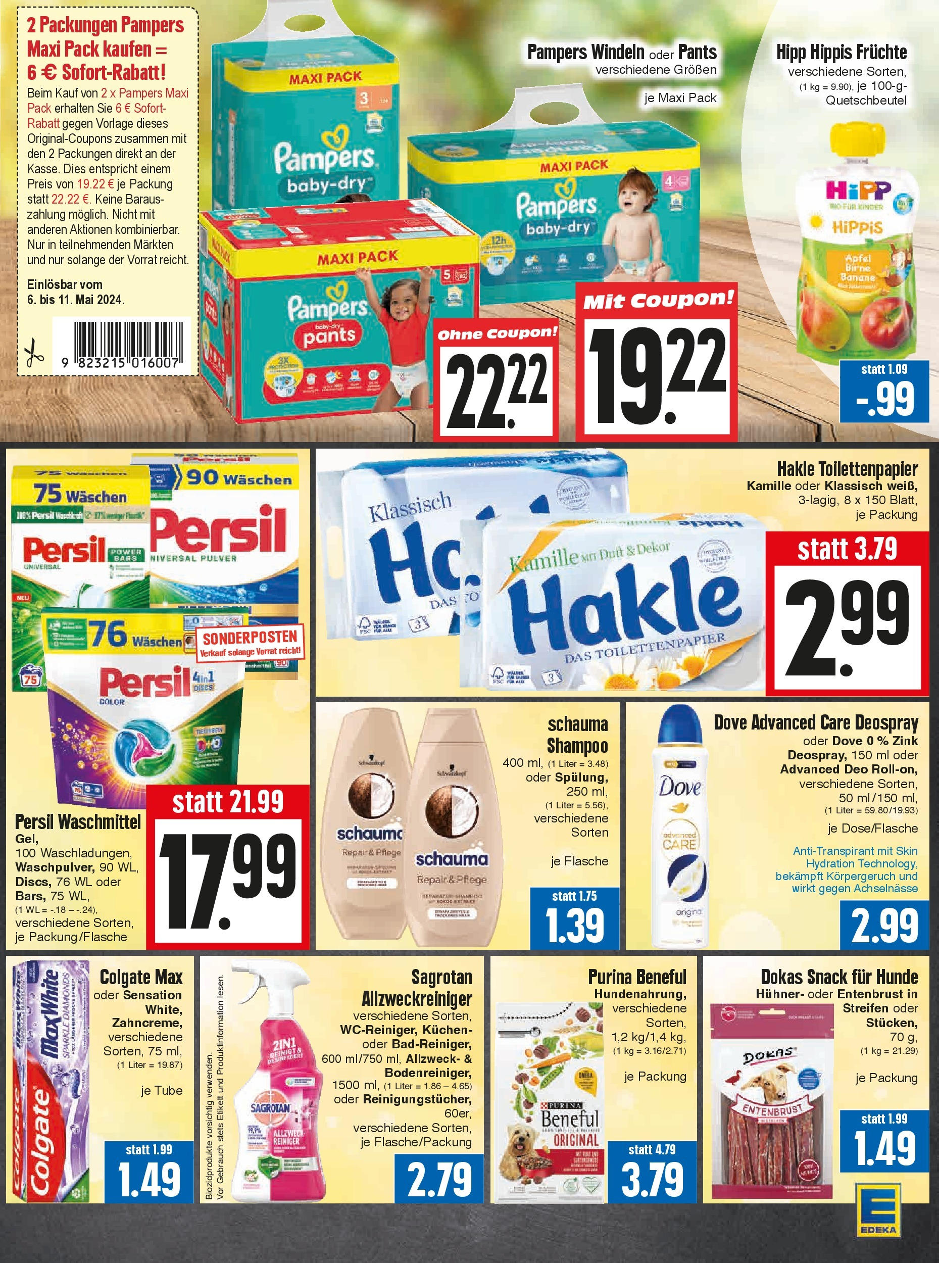 OFFERS - Edeka Hahner: Wochenangebote (ab 05.05.2024) zum Blättern | Seite: 19 | Produkte: Pampers, Antitranspirant, Waschmittel, Toilettenpapier