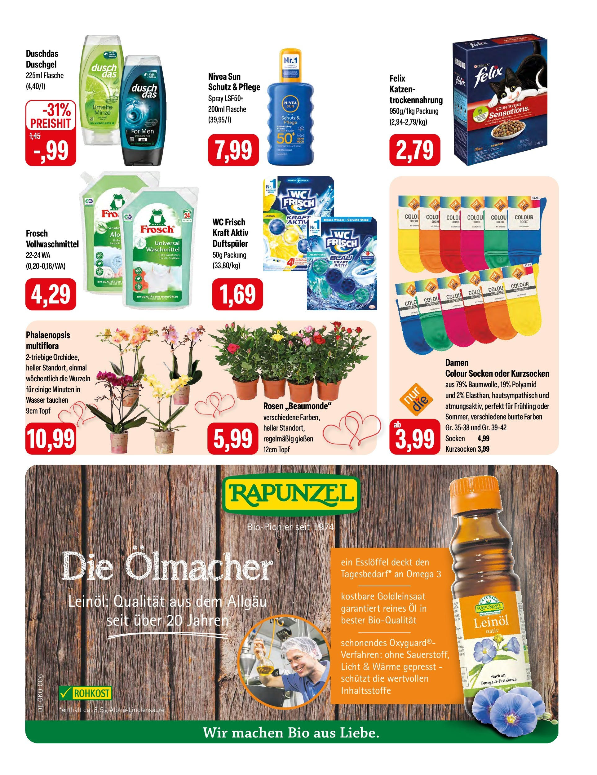 Feneberg Angebote (ab 10.05.2024) zum Blättern | Seite: 15 | Produkte: Leinöl, Duschgel, Socken, Tee