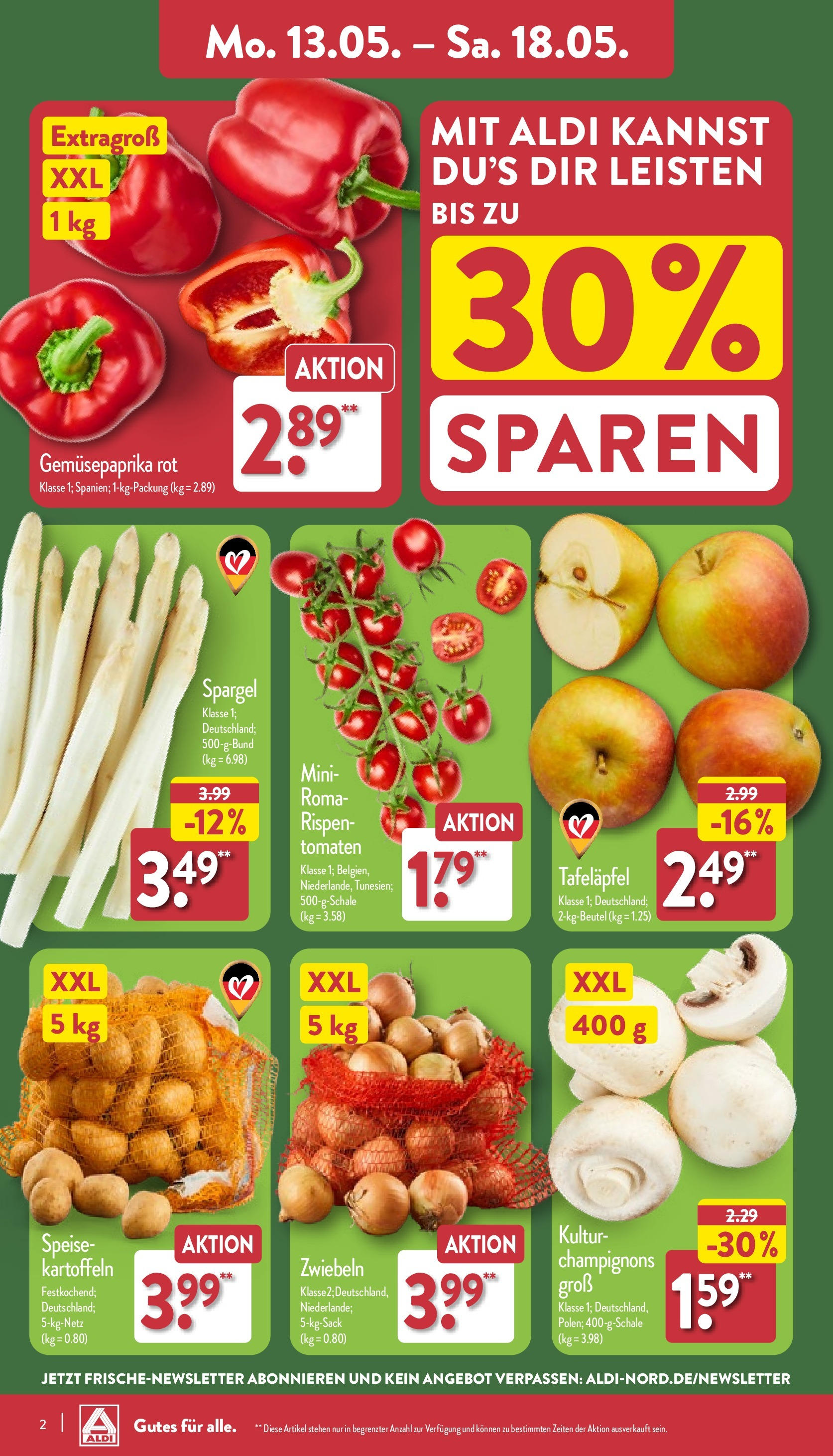 Aldi Prospekt 	 (ab 13.05.2024) » Angebote Online | Seite: 2 | Produkte: Tomaten, Spargel, Kartoffeln, Zwiebeln