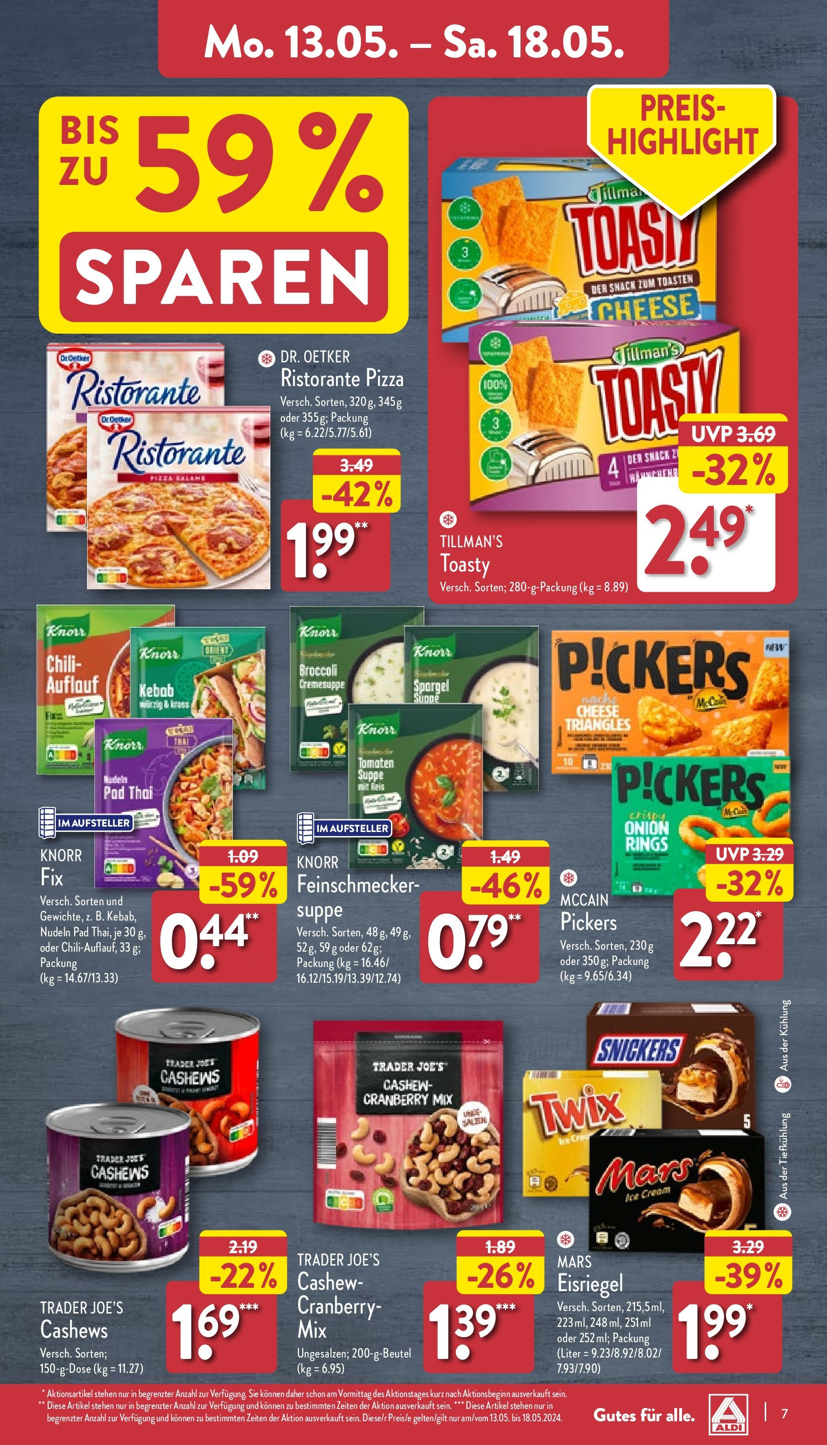 Aldi Prospekt 	 (ab 13.05.2024) » Angebote Online | Seite: 7 | Produkte: Snickers, Mars, Pizza, Nudeln