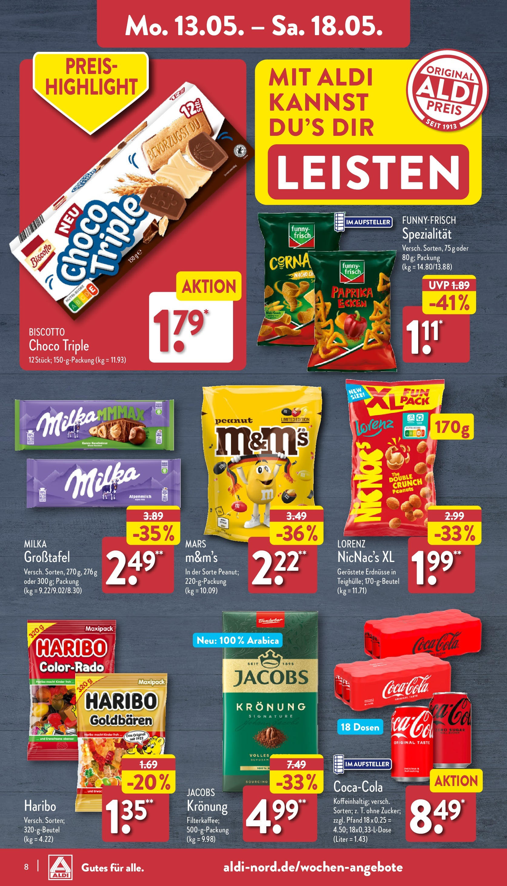 Aldi Prospekt 	 (ab 13.05.2024) » Angebote Online | Seite: 8 | Produkte: Erdnüsse, Coca cola, Mars
