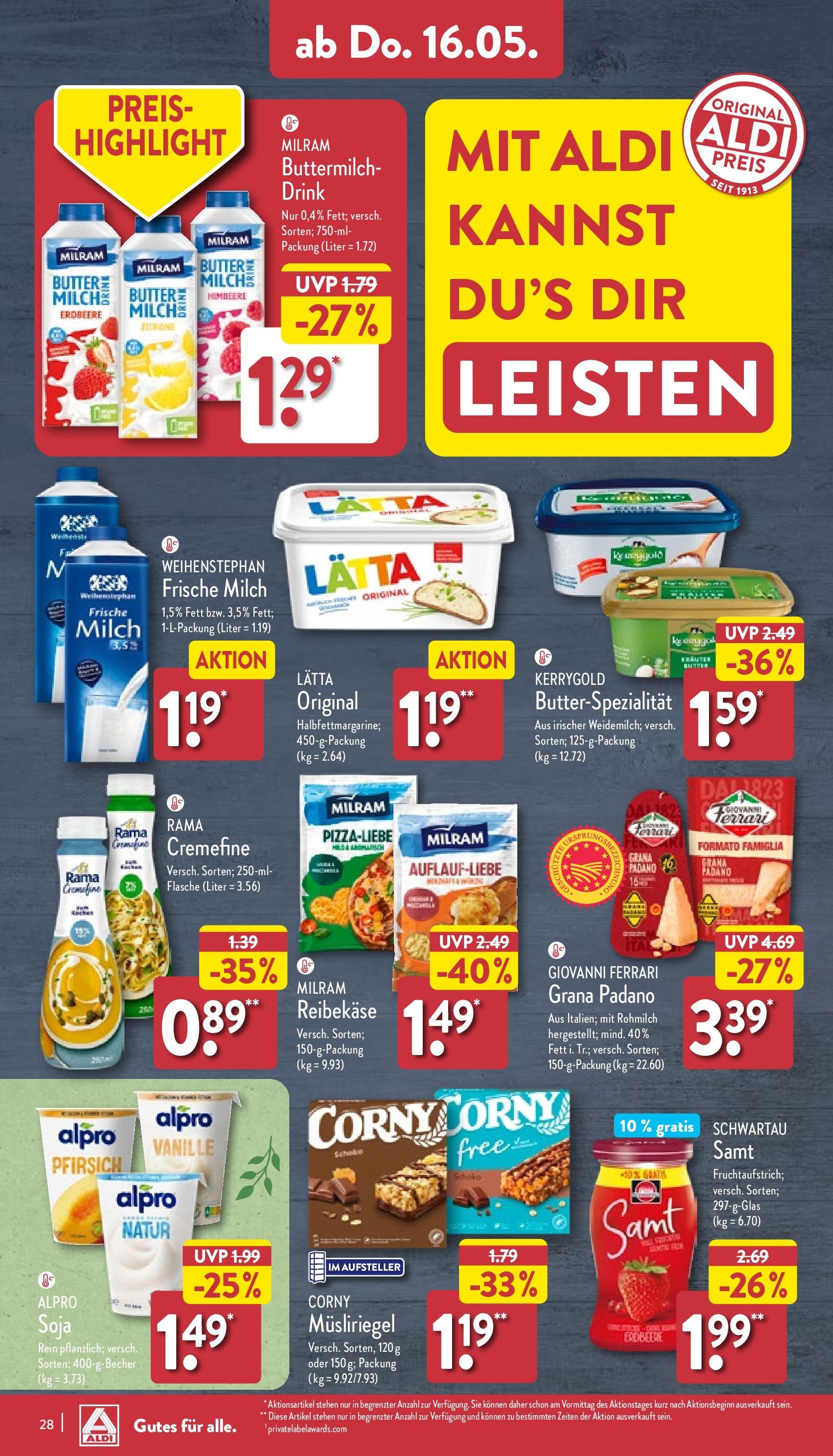 Aldi Prospekt 	 (ab 13.05.2024) » Angebote Online | Seite: 28 | Produkte: Milch, Zitrone, Pfirsich, Himbeere