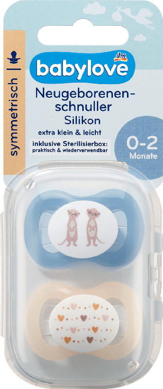 babylove Schnuller für Neugeborene symmetrisch, Silikon, blau/creme, 0-2 Monate
