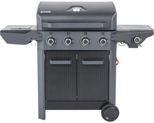 Gasgrill Tenneker 4 Brenner+Seitenbrenner schwarz inkl. Ablage,Deckelthermometer,Warmhalterost,Grillbesteckhalter,Fettauffangschale Grillrost Gusseisen