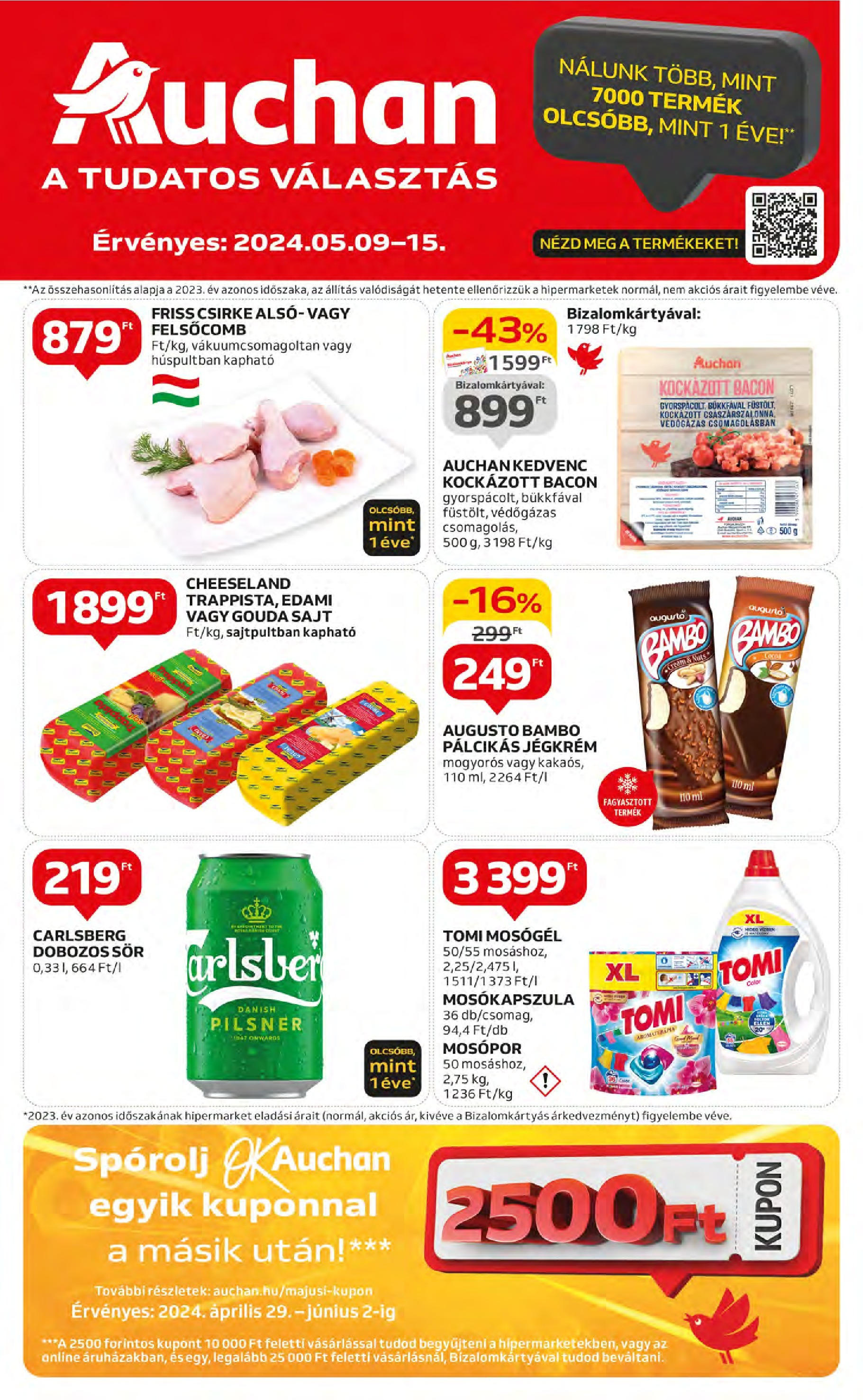 Auchan  Akciós újság - 2024.05.09. -tól/töl > akció, szórólap 🛍️ | Oldal: 1 | Termékek: Mosógél, Bacon, Mosókapszula, Sör