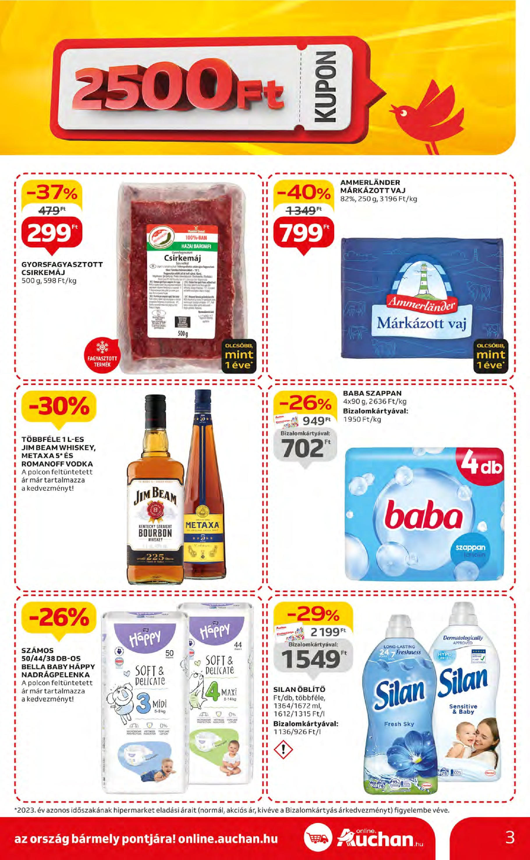 Auchan  Akciós újság - 2024.05.09. -tól/töl > akció, szórólap 🛍️ | Oldal: 3 | Termékek: Whiskey, Öblítő, Vaj, Vodka