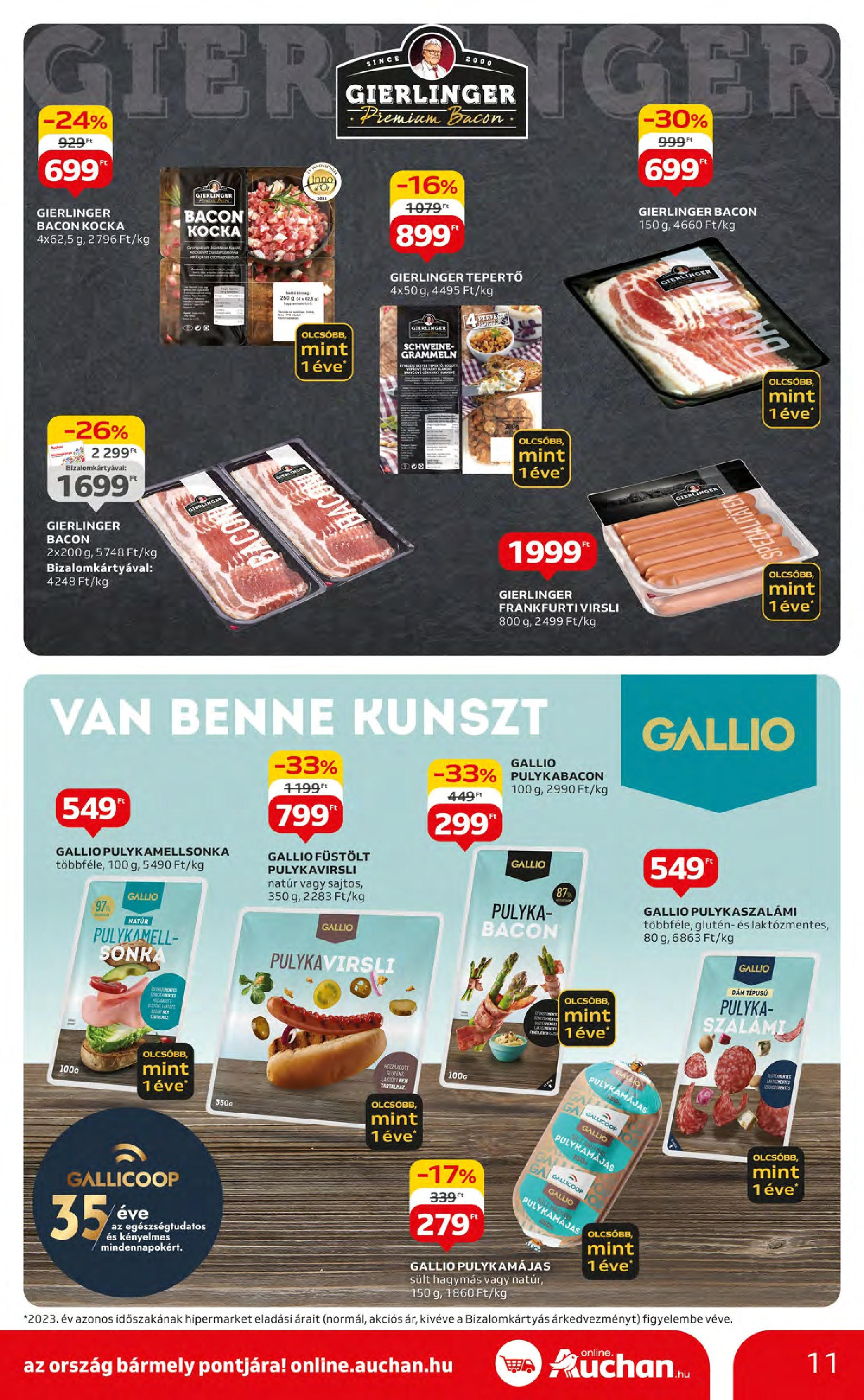 Auchan  Akciós újság - 2024.05.09. -tól/töl > akció, szórólap 🛍️ | Oldal: 11 | Termékek: Virsli, Frankfurti virsli, Sonka, Bacon
