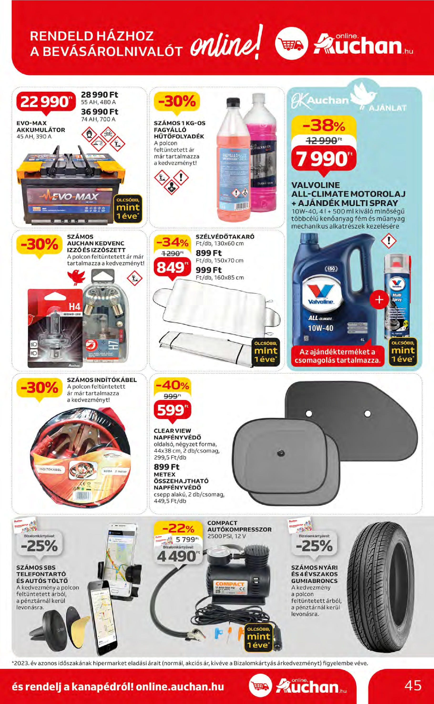Auchan  Akciós újság - 2024.05.09. -tól/töl > akció, szórólap 🛍️ | Oldal: 45 | Termékek: Izzó, Akkumulátor, Töltő, Motorolaj