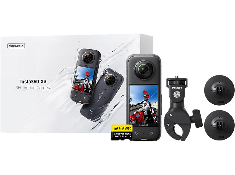 Insta 360 X3 Actioncam mit Motorrad-Kit und 128 GB Speicherkarte; 360° Actioncam