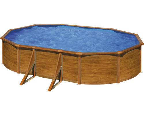 Aufstellpool Stahlwandpool-Set Gre oval 634x575x122 cm inkl. Sandfilteranlage, Skimmer, Leiter, Filtersand & Anschlussschlauch Holzoptik