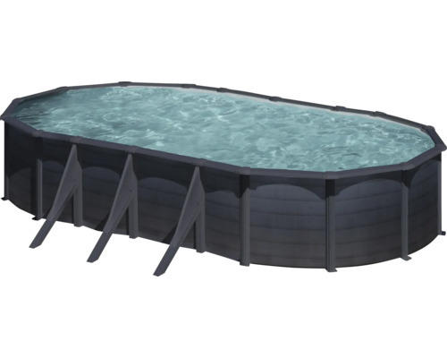 Aufstellpool Stahlwandpool-Set Gre oval 744x575x122 cm inkl. Sandfilteranlage, Skimmer, Leiter, Filtersand & Anschlussschlauch grau