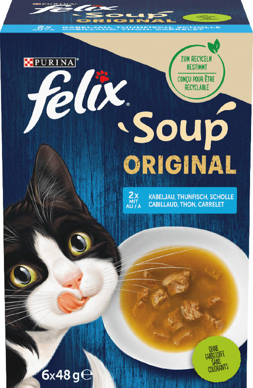 Felix Nassfutter Katze mit Kabeljau, Thunfisch, Scholle, Soup Original