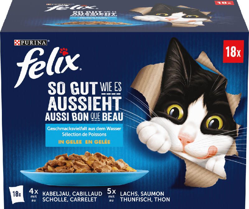 Felix Nassfutter Katze Geschmacksvielfalt aus dem Wasser in Gelee Multipack (18x85 g)