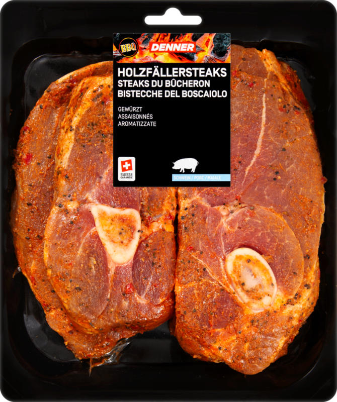 Denner BBQ Holzfällersteaks, Schwein, gewürzt, 4 x ca. 250 g, per kg