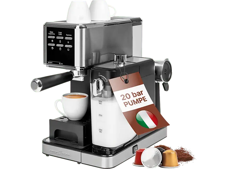 Profi Cook PC-ES-KA 1266 Espressoautomat inkl. klassischem Siebträger (Silber, 1350 Watt, 20 bar)