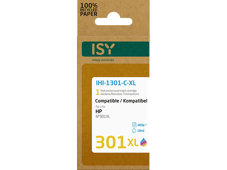 ISY IHI-1301-C-XL für HP 301XL, farbig, wiederaufbereitet; Tintenpatrone