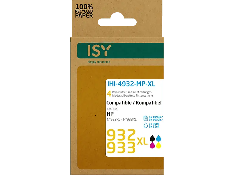 ISY IHI-4932-MP-XL für HP 932XL & 933XL, farbig/schwarz, wiederaufbereitet; Tintenpatrone