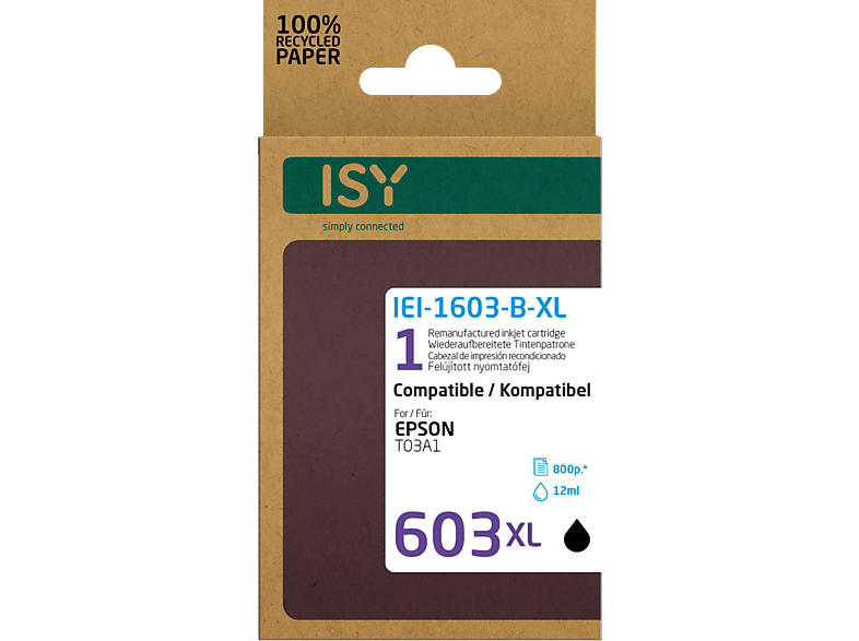 ISY IEI-1603-B-XL Epson T03A41, schwarz, wiederaufbereitet; Tintenpatrone