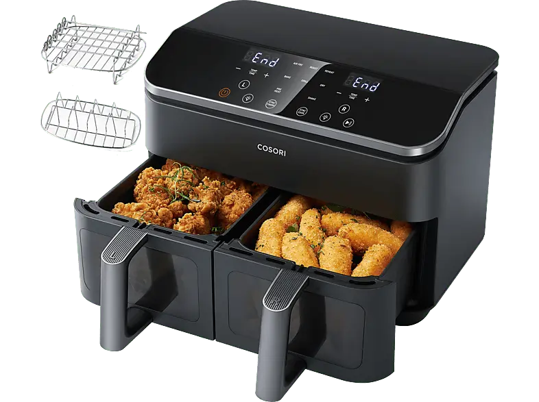 Cosori CAF-R901-AEU Dualbasket Doppel-Heißluftfritteuse (8,5 l, 1750 Watt, Dunkelgrau)