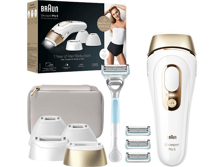 Braun PL5358 Silk-expert Pro 5 Gold, IPL-Haarentfernungsgerät (Weiß/Gold, mit 4 Aufsätzen + Venus Rasierer, Netzbetrieb)