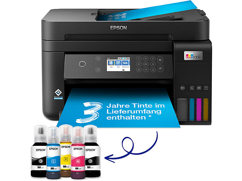 Epson EcoTank ET-3850 A4, mit einem im Lieferumfang enthaltenen Vorrat an Tinten bis zu 3 Jahren, Multifunktionsdrucker, WLAN, Tintendruck, Schwarz