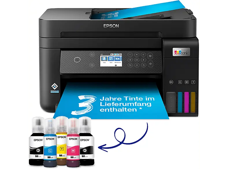 EPSON EcoTank ET-3850 A4, mit einem im Lieferumfang enthaltenen Vorrat an Tinten bis zu 3 Jahren, Multifunktionsdrucker, WLAN, Tintendruck, Schwarz