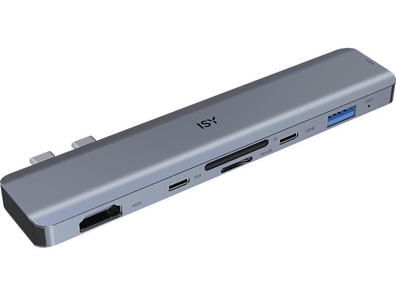 ISY IAD 1021-1 Multiport Adapter, USB-C 3.1, Gb-LAN, Micro-/SD, PD 100W, Aluminium, Silber