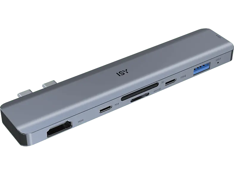 ISY IAD 1021-1 Multiport Adapter, USB-C 3.1, Gb-LAN, Micro-/SD, PD 100W, Aluminium, Silber