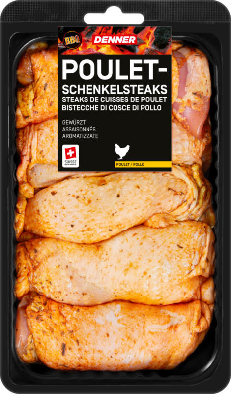 Steaks de cuisses de poulet BBQ Denner, gewürzt, ca. 500 g, per 100 g