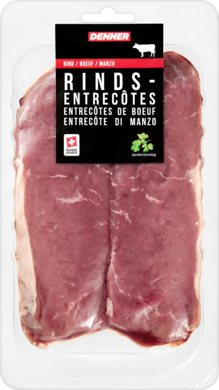 Entrecôtes de bœuf Denner, nature, 2 x env. 200 g, les 100 g