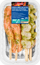 Denner BBQ Fisch-Grillplatte , Spiedini di filetto di salmone e di gamberi, marinati, Norvegia/Vietnam, 320 g