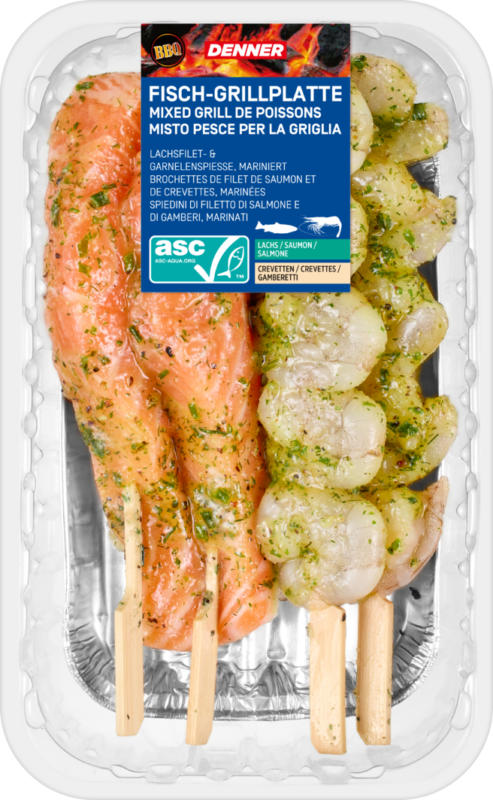 Denner BBQ Fisch-Grillplatte , Spiedini di filetto di salmone e di gamberi, marinati, Norvegia/Vietnam, 320 g