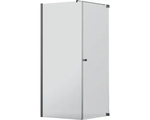 Drehtür mit Seitenwand Jungborn Sette 750x900 mm Anschlag rechts Echtglas Klar hell schwarz mit schmutzabweisender Glasbeschichtung und Puffergriff