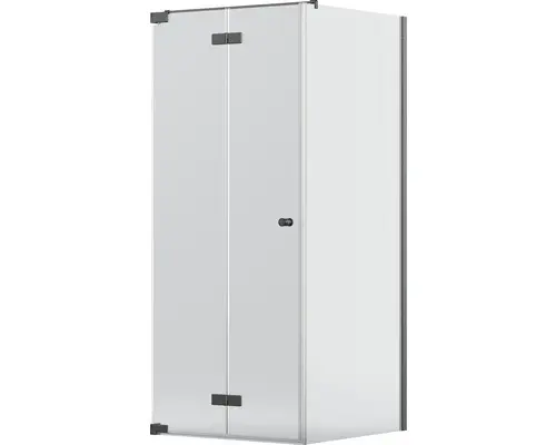 Drehfalttür mit Seitenwand Jungborn Sette 750x750 mm Anschlag links Echtglas Klar hell schwarz mit schmutzabweisender Glasbeschichtung und Puffergriff