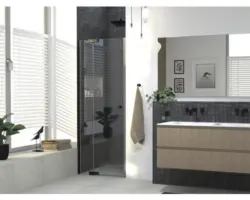 Drehtür für Nische Jungborn Sette 800x2000 mm Festteil links Echtglas Klar hell schwarz mit schmutzabweisender Glasbeschichtung und Puffergriff