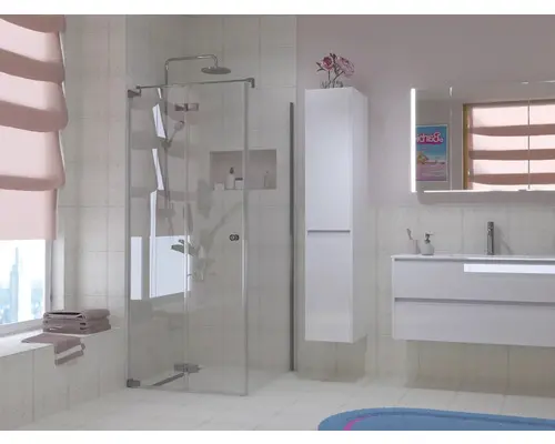 Drehfalttür mit Seitenwand Jungborn Sette 800x750 mm Anschlag links Echtglas Klar hell chromoptik mit schmutzabweisender Glasbeschichtung und Puffergriff