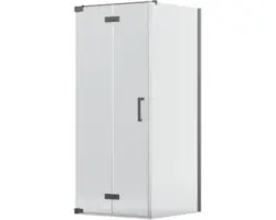 Drehfalttür mit Seitenwand Jungborn Sette 750x750 mm Festteil rechts Echtglas Klar hell schwarz mit schmutzabweisender Glasbeschichtung und Stangengriff